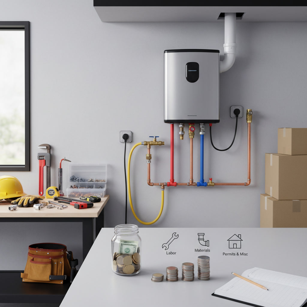 Professional plumber installing tankless water heater unit in Gardena home
