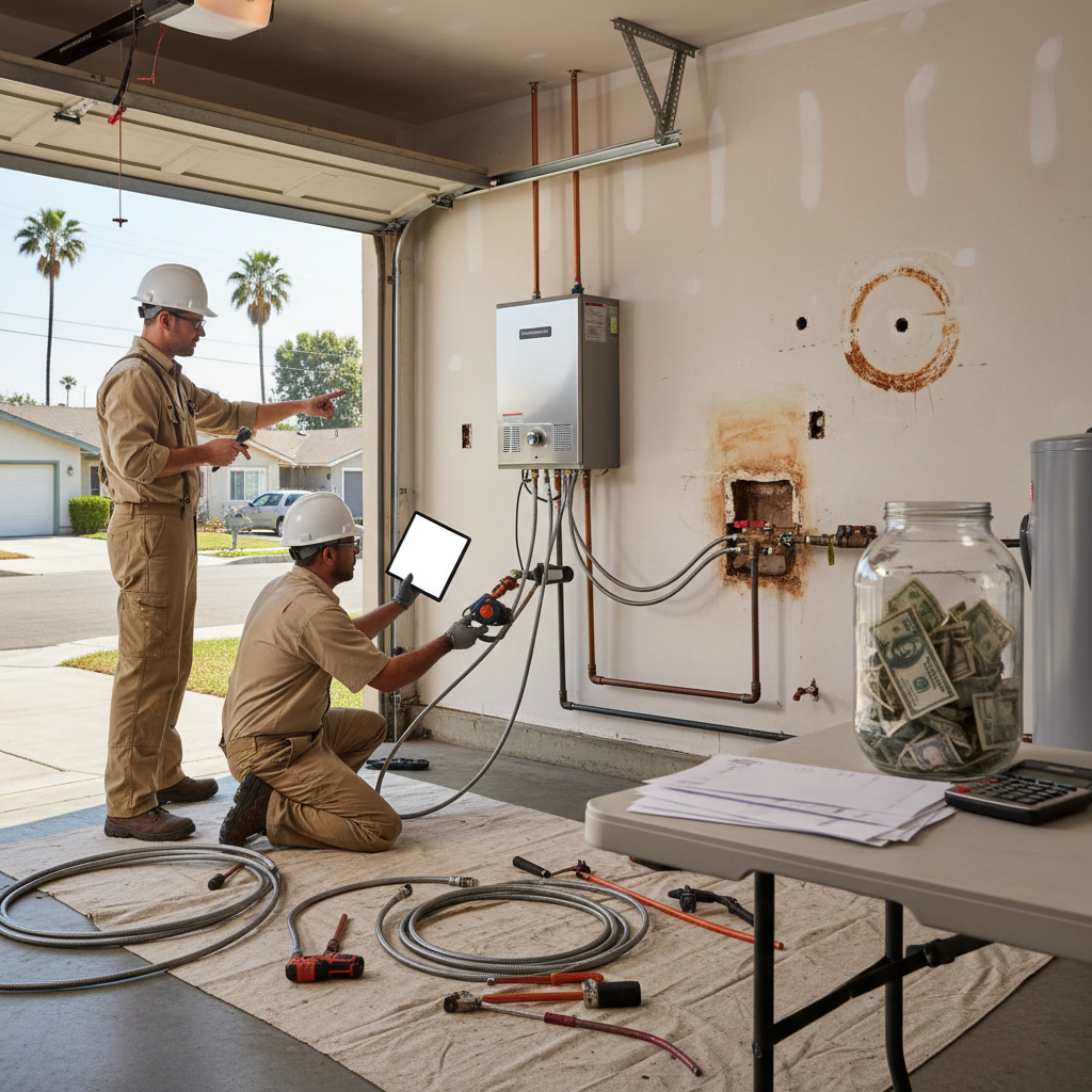 Modern tankless water heater installed on wall in Gardena California home