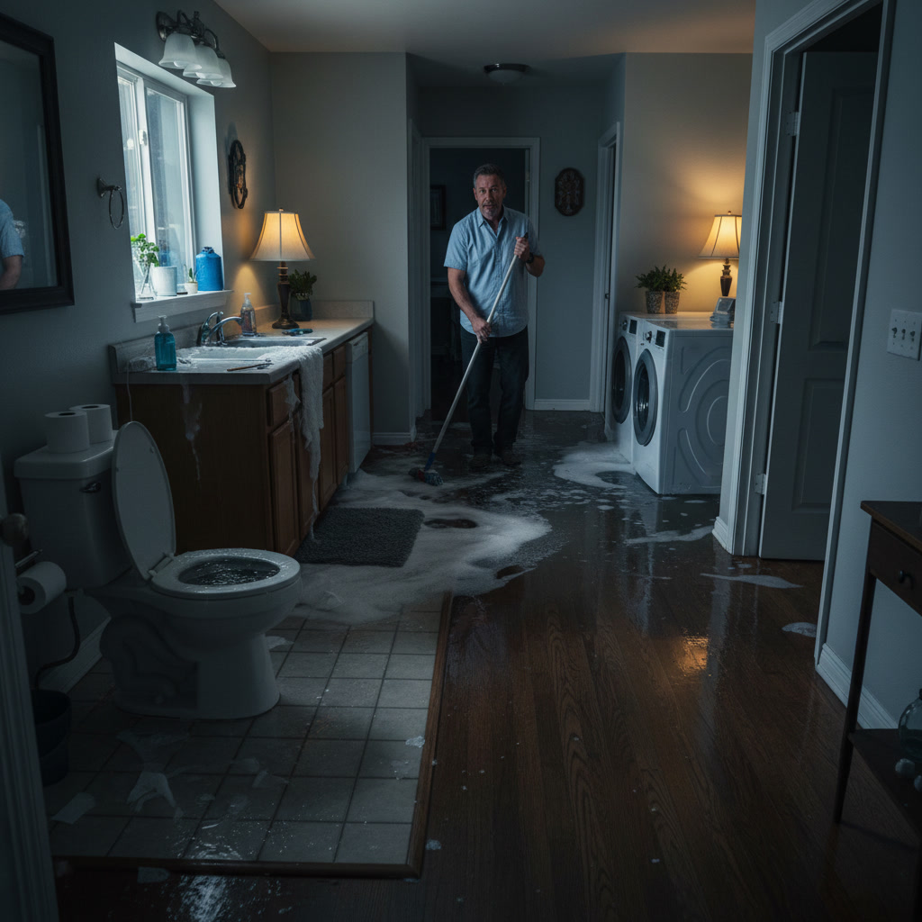 Emergency sewer line repair equipment and exposed sewer pipe in South Gate residential area