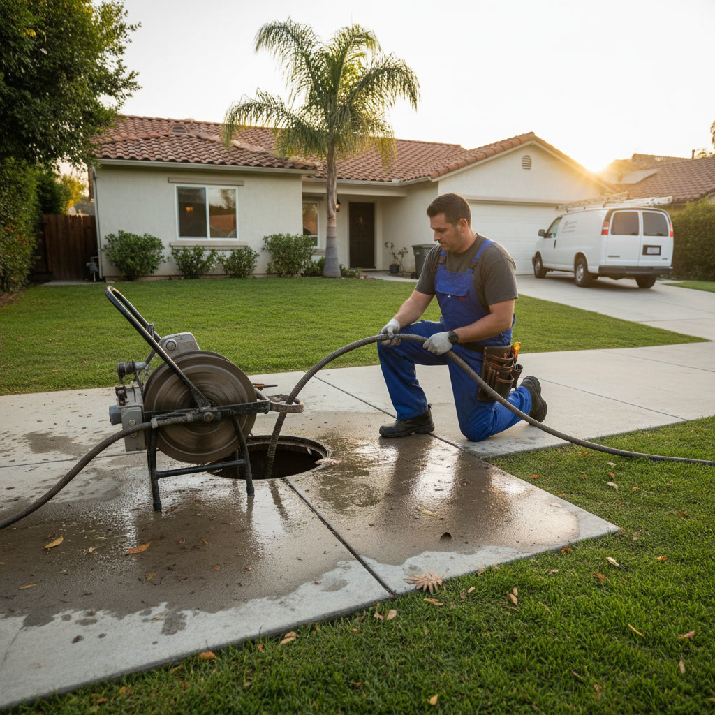 Professional plumber performing drain cleaning cost Carson CA service with specialized equipment