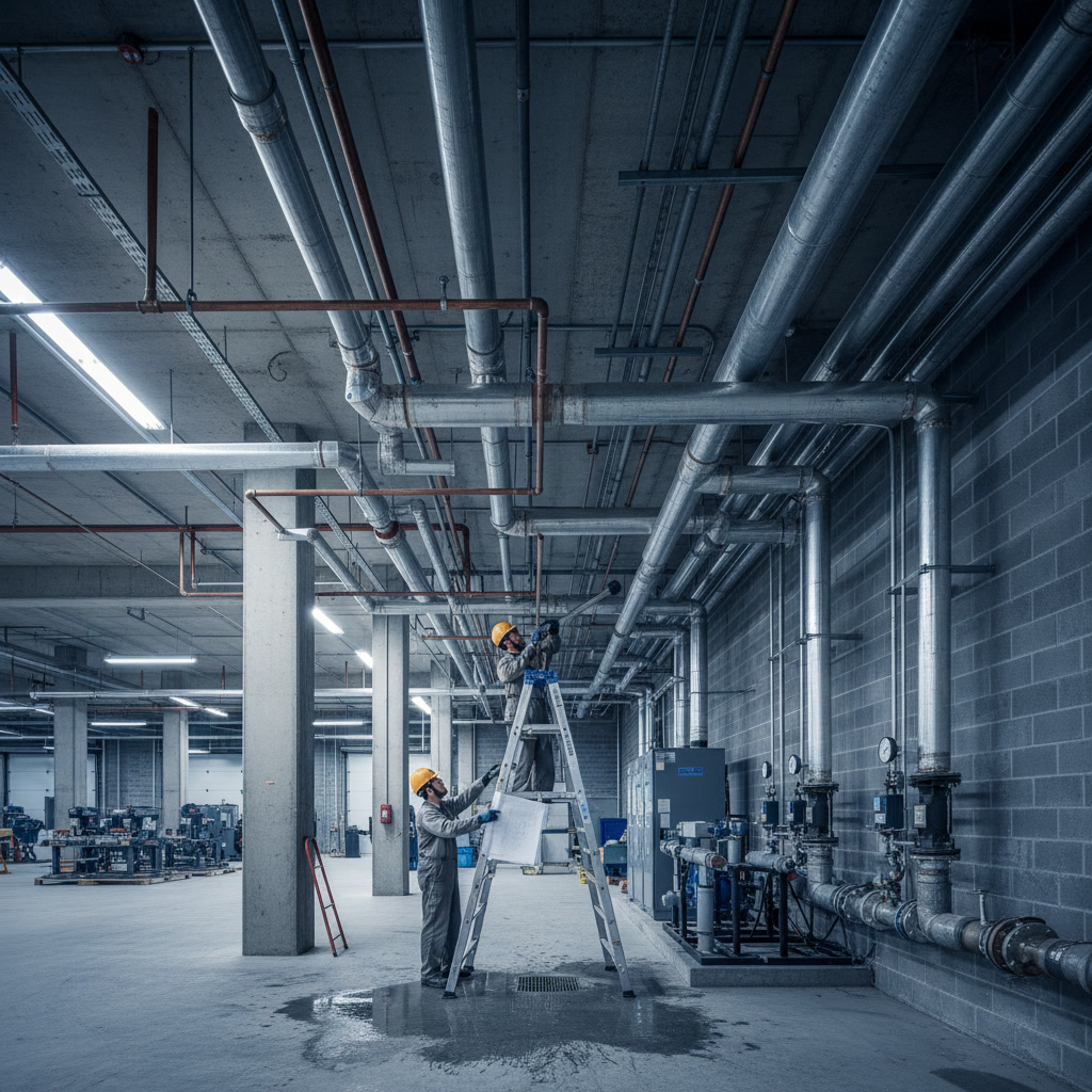 Commercial plumber working on industrial plumbing system in Paramount California