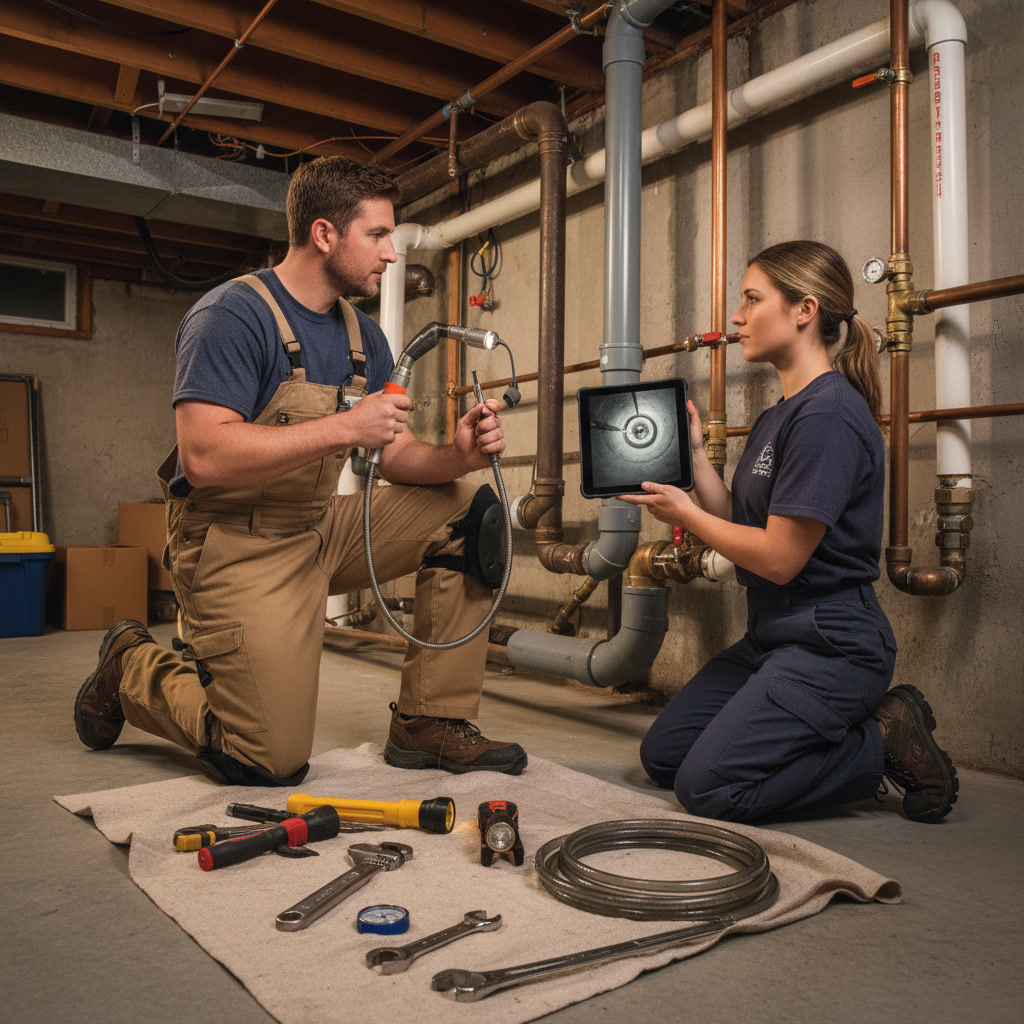 Licensed plumber inspecting home plumbing system with professional diagnostic tools
