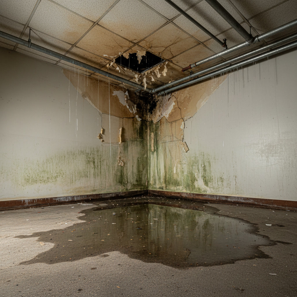Water damage on commercial building ceiling indicating need for plumber in Paramount