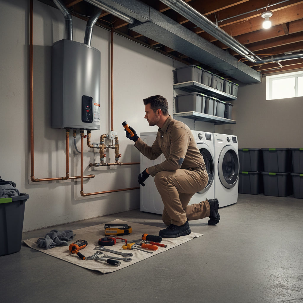 Plumber examining water heater and checking pressure relief valve during home inspection