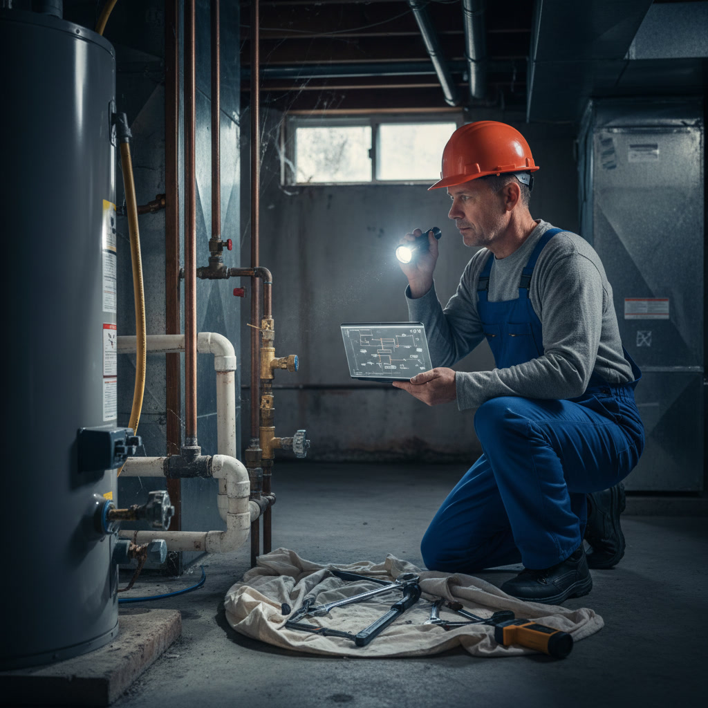 Plumber using camera equipment to inspect sewer lines for hidden damage