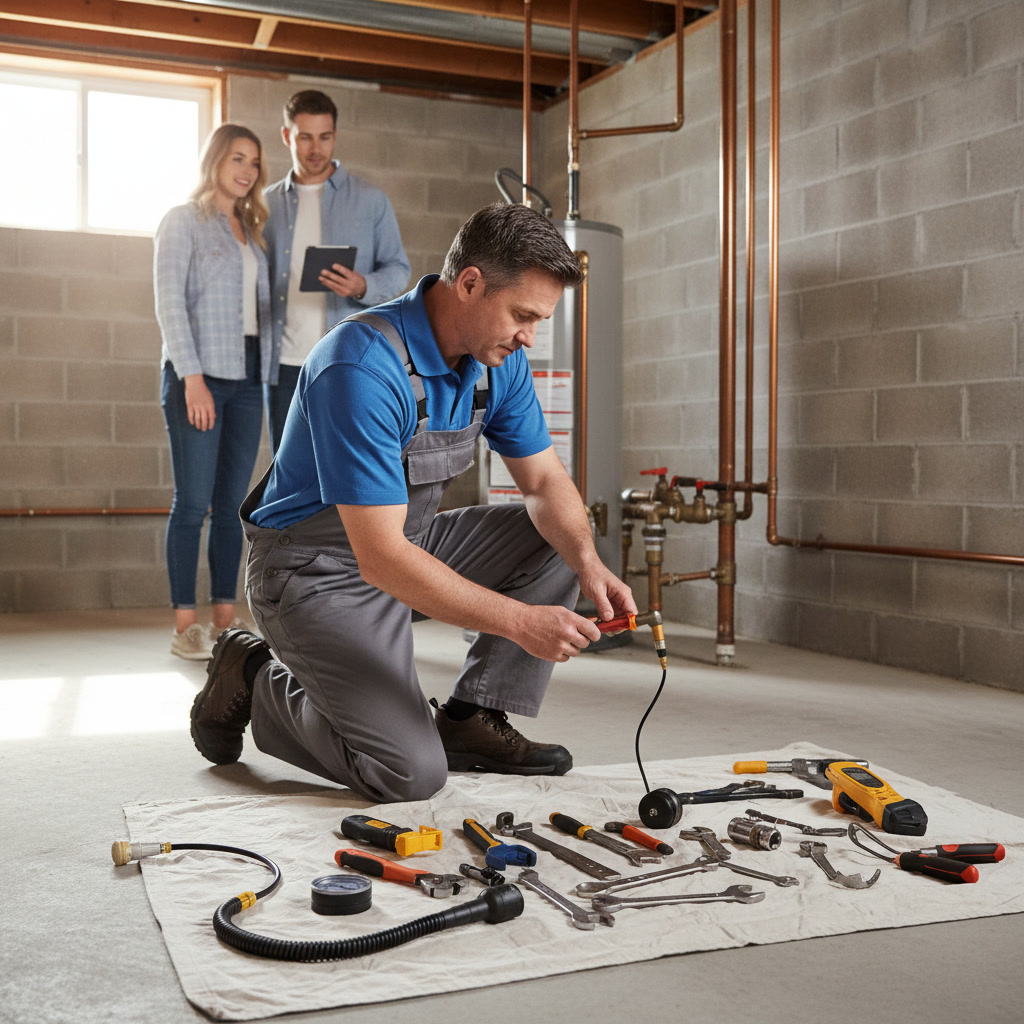 Professional plumber conducting thorough drainage system inspection with video camera equipment