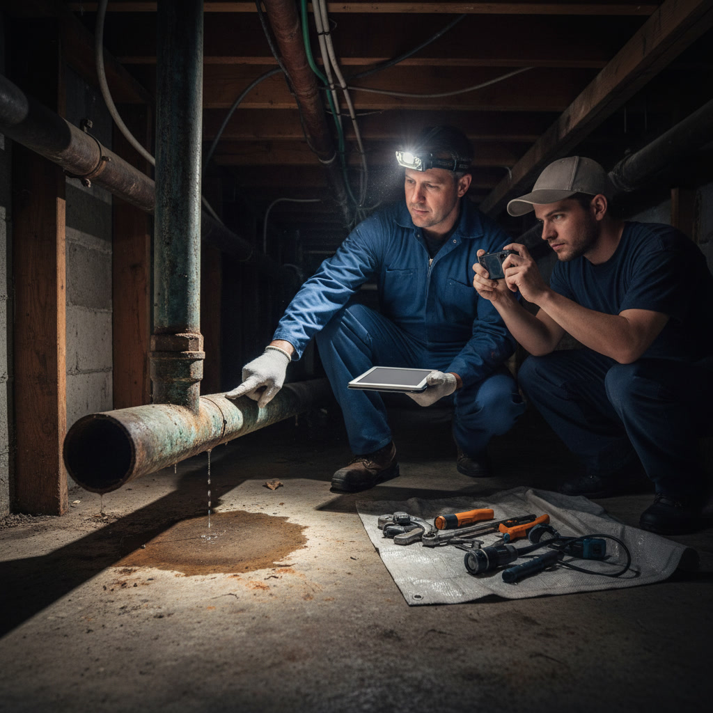 Close-up of corroded pipes discovered during preventive plumbing inspection