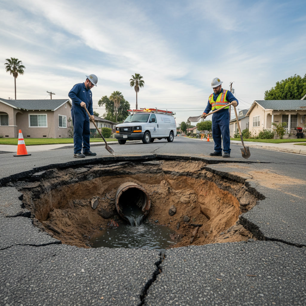Emergency sewer line repair service truck at South Gate residential property