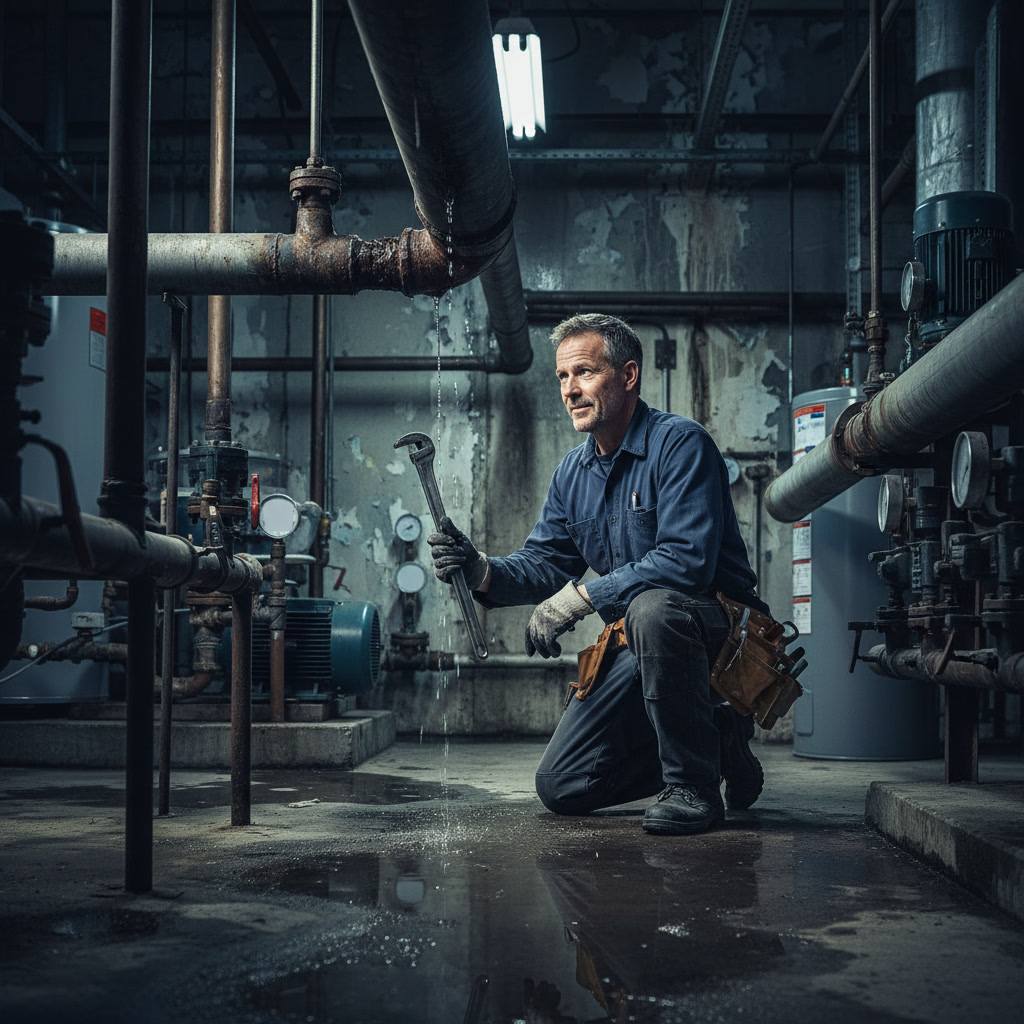 Commercial plumber servicing business property plumbing system in Paramount California