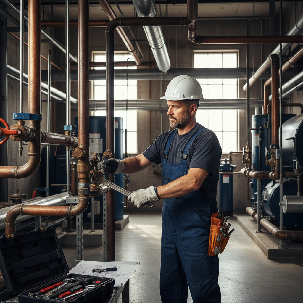 Commercial plumber working on business plumbing system in Paramount California