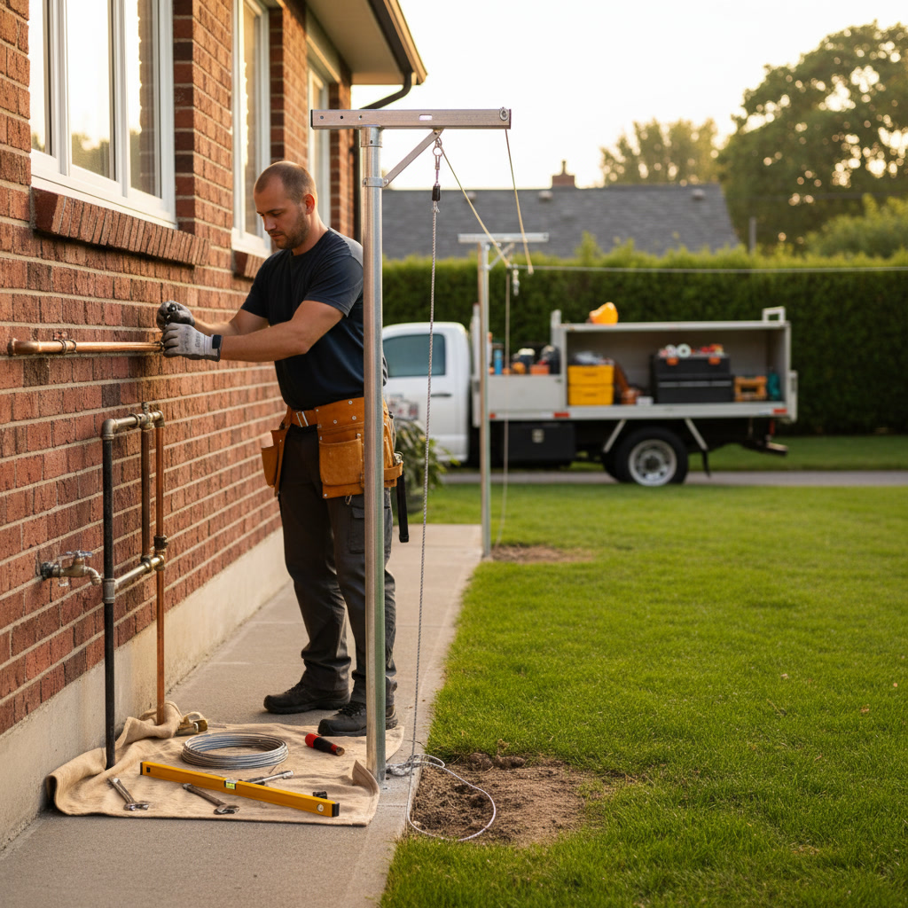 Professional plumber working on laundry line installation in modern home