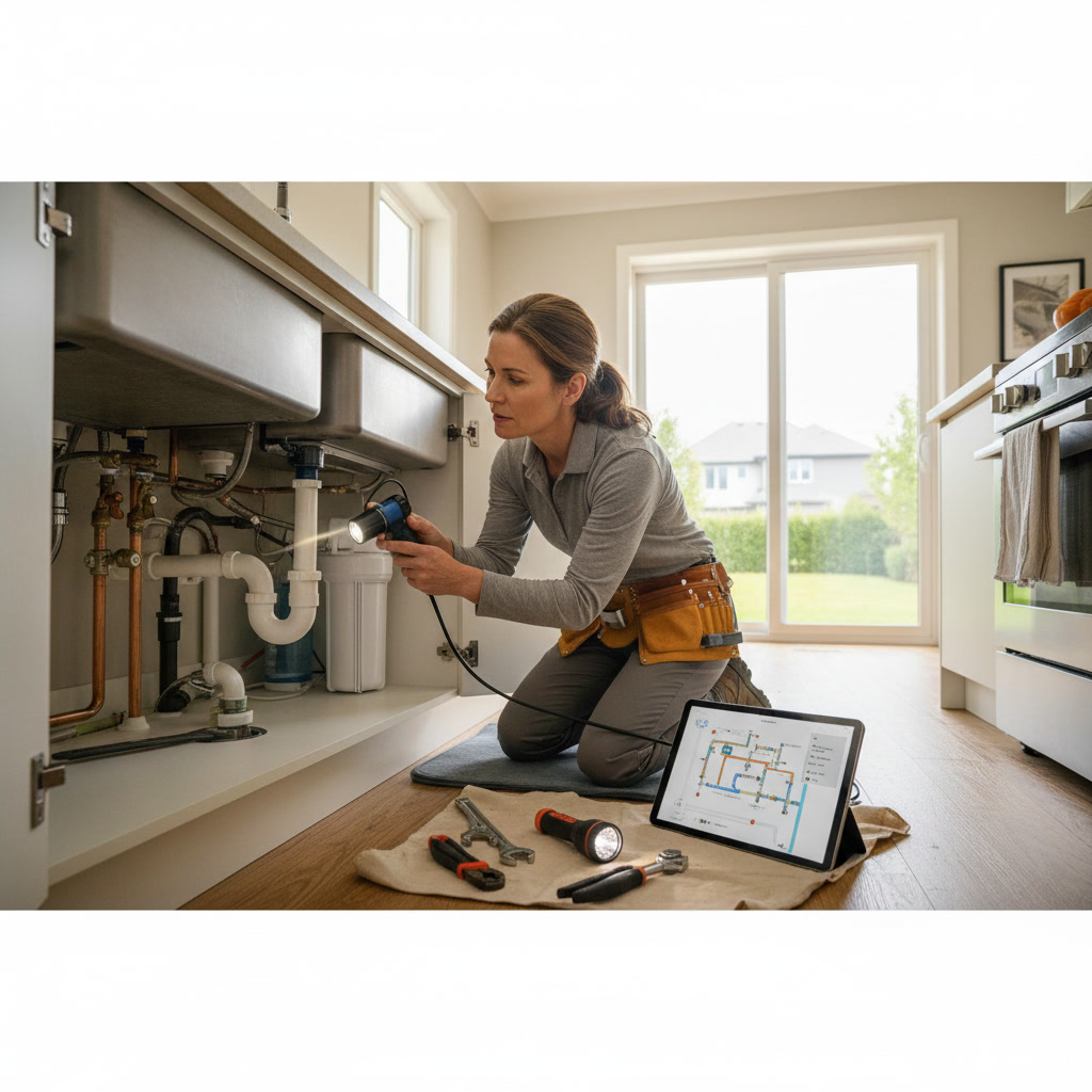 Professional plumber conducting comprehensive home plumbing inspection with diagnostic equipment