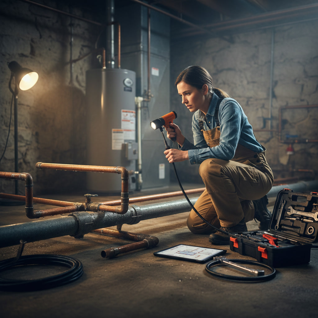 Professional plumber performing detailed plumbing inspection to prevent costly home repairs