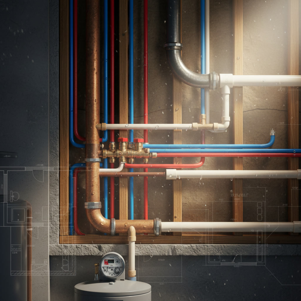 residential plumbing system diagram showing water main to fixtures