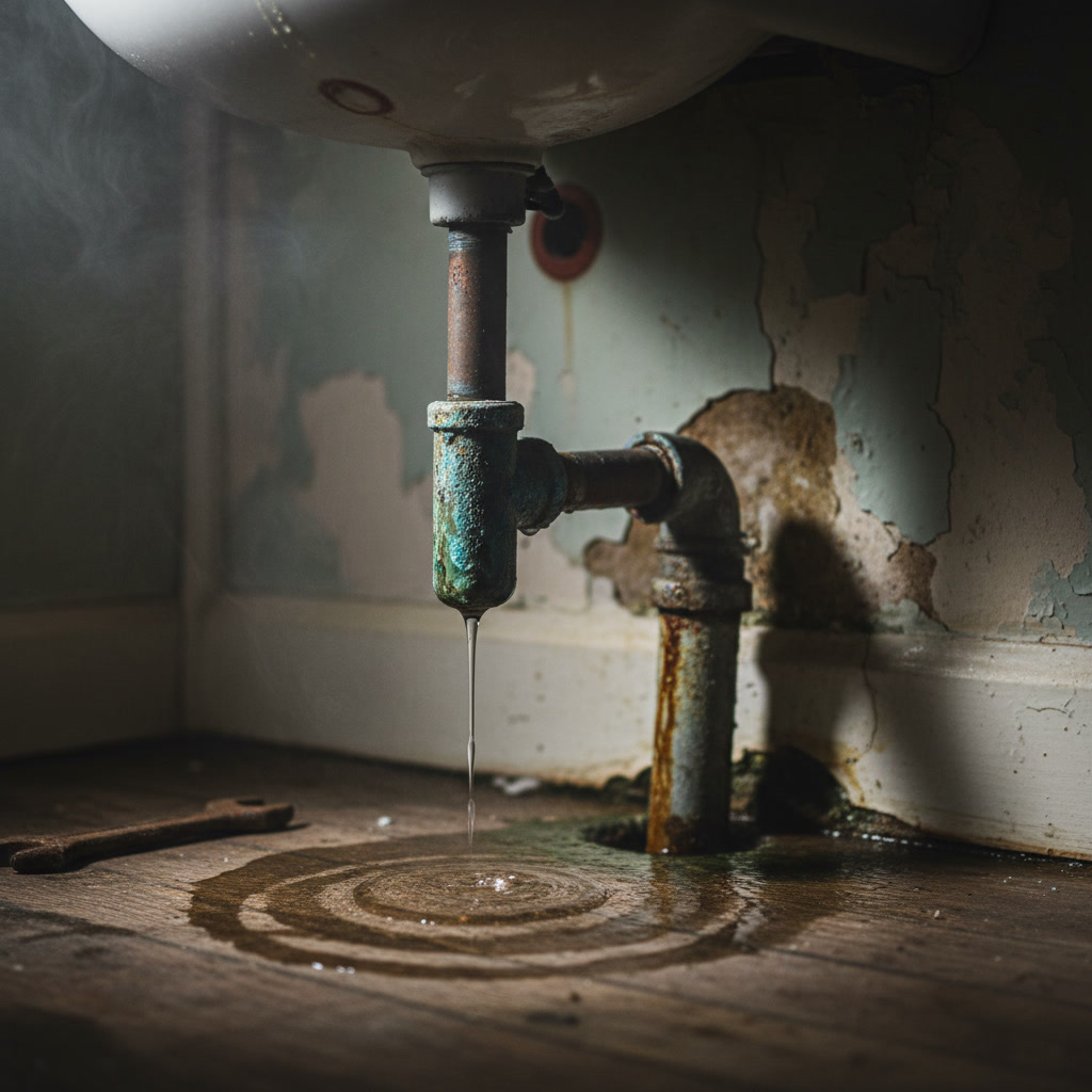 Homeowner inspecting plumbing fixtures for signs of water damage and leaks