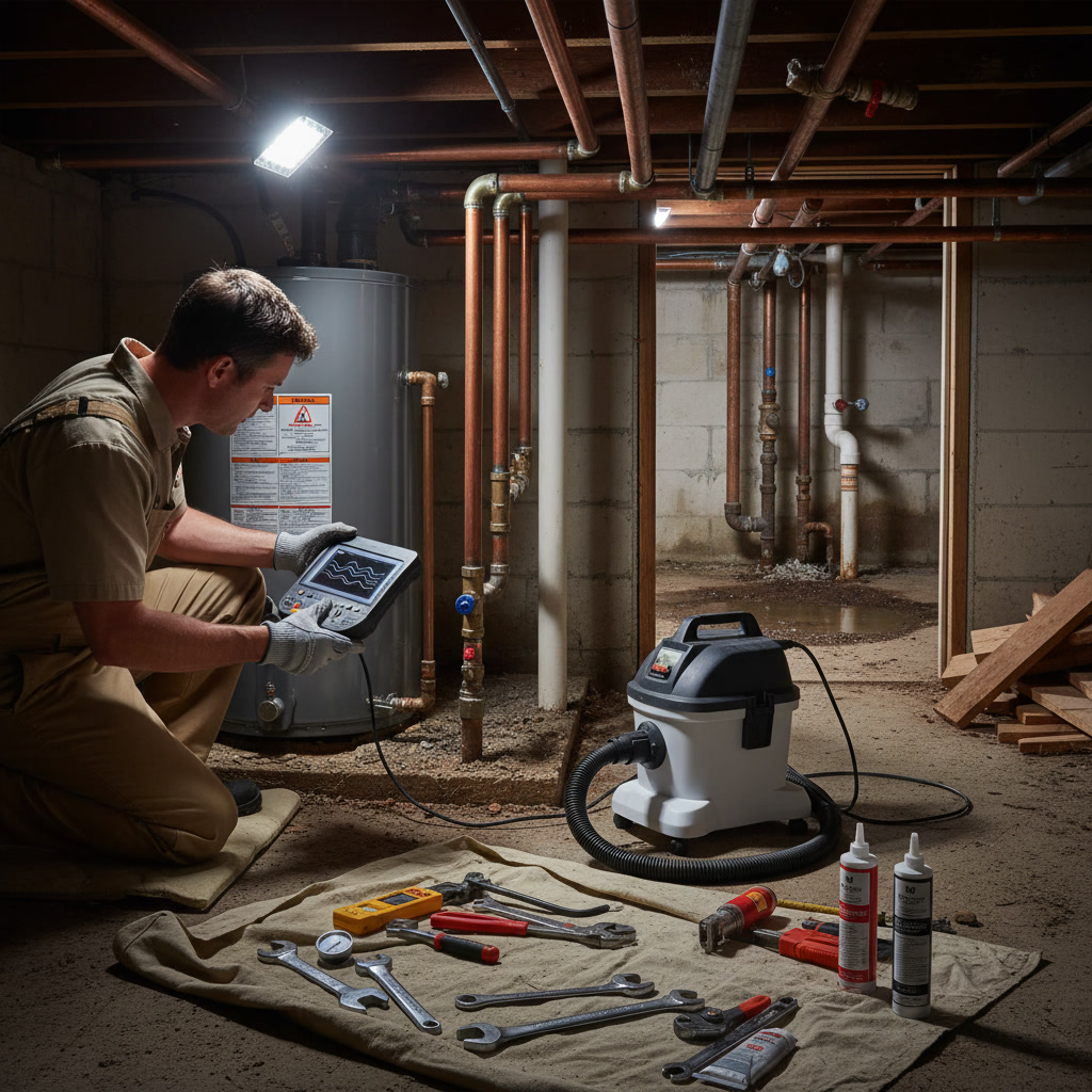 Professional plumber inspecting residential water heater system during preventive maintenance