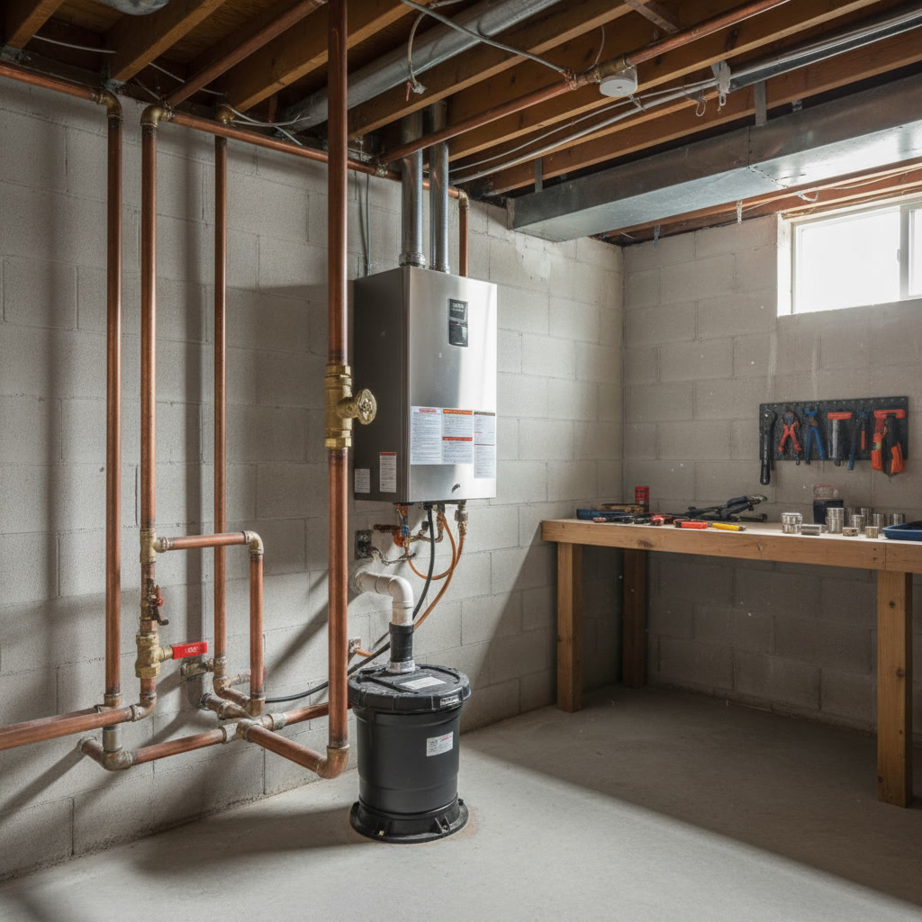 Modern tankless water heater installation in residential home showing quality plumbing work