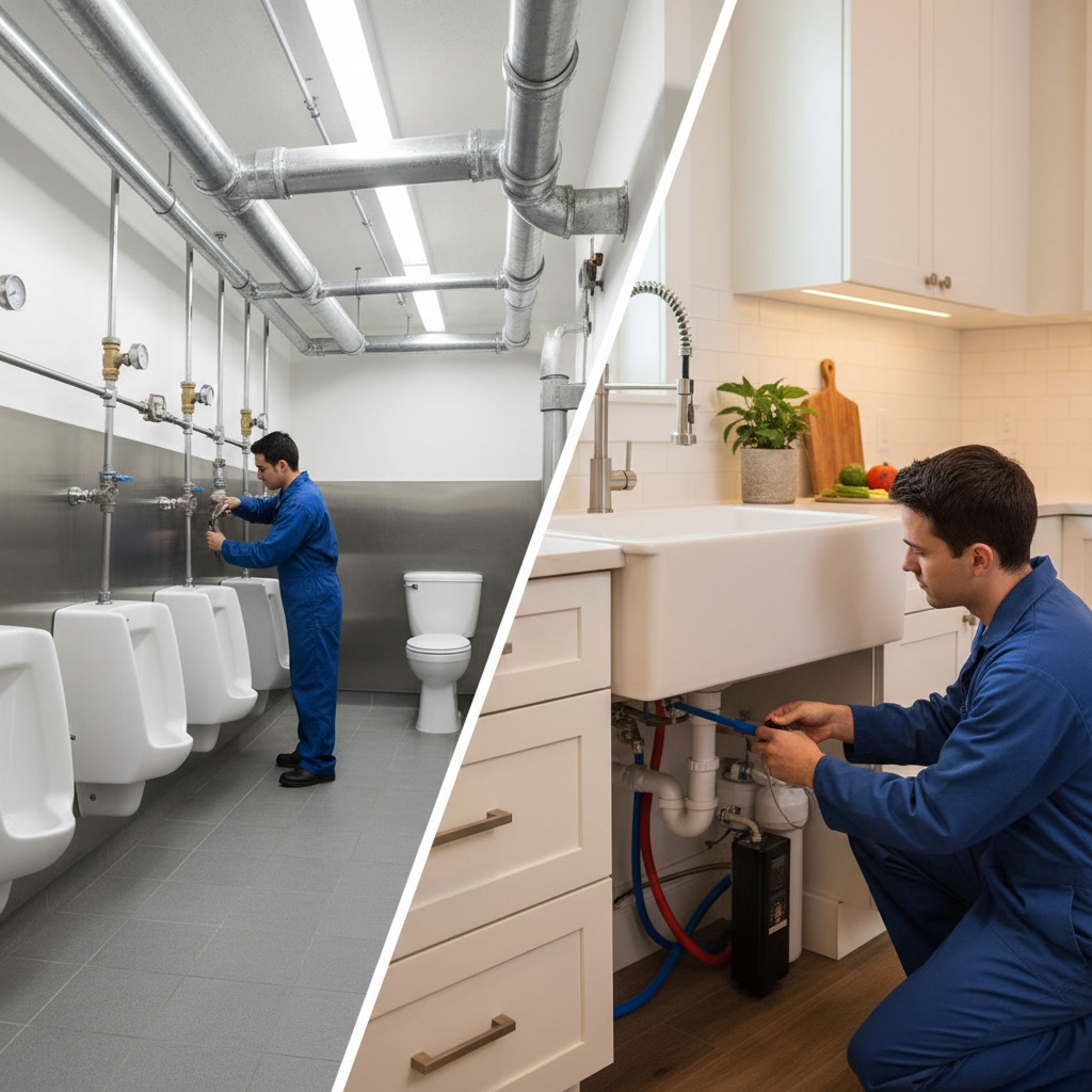 Commercial plumbing installation showing complex pipe network and pressure regulation systems