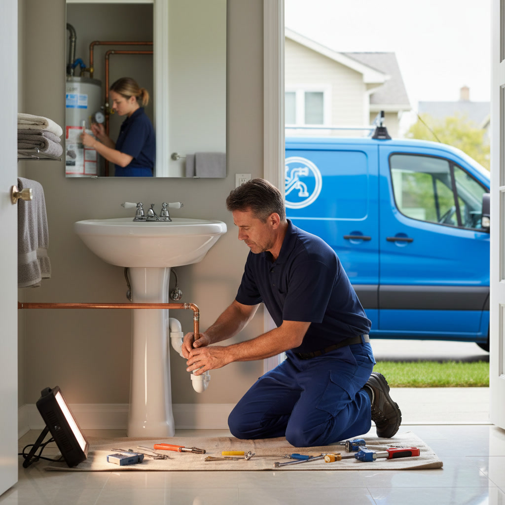 Professional plumber arriving for comprehensive residential plumbing service call