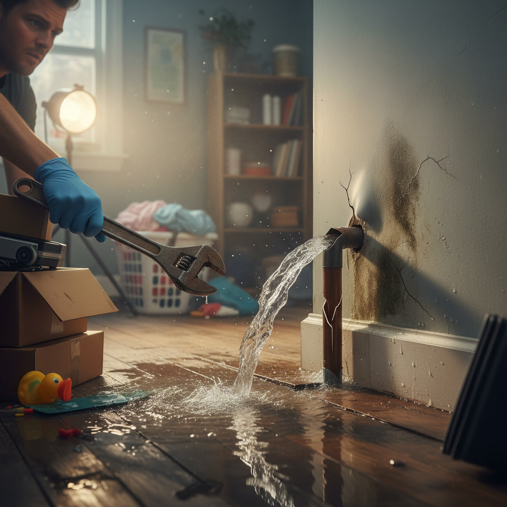 Professional plumber examining home plumbing system for immediate repair needs