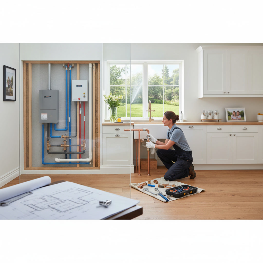 Professional residential plumber inspecting home plumbing system to protect property value