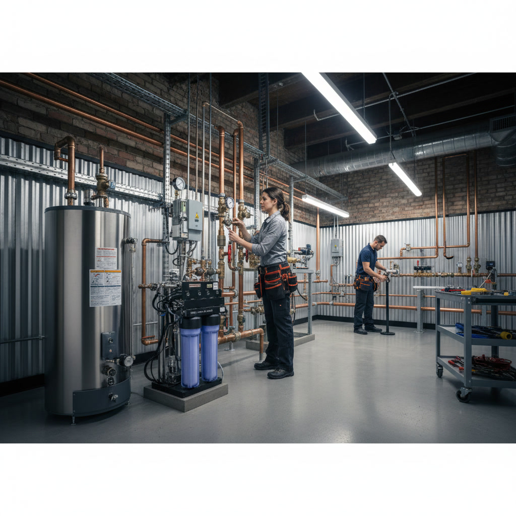 Professional plumber performing comprehensive plumbing system inspection and maintenance