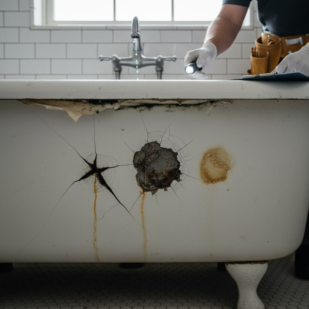 Bathtub showing cracks and chips requiring professional repair assessment