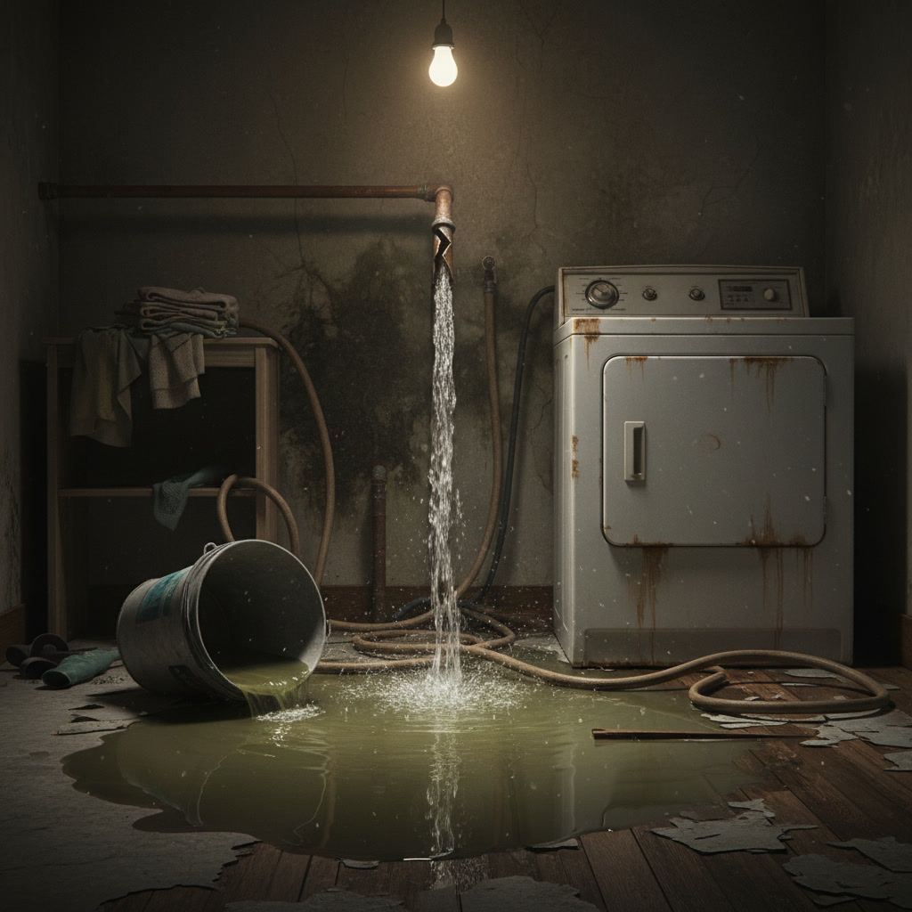Washing machine with visible water supply lines and drain connection showing signs of wear