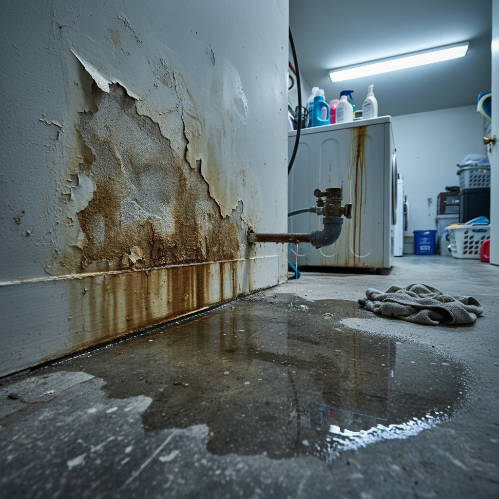 Water damage on laundry room wall showing discoloration and potential mold growth