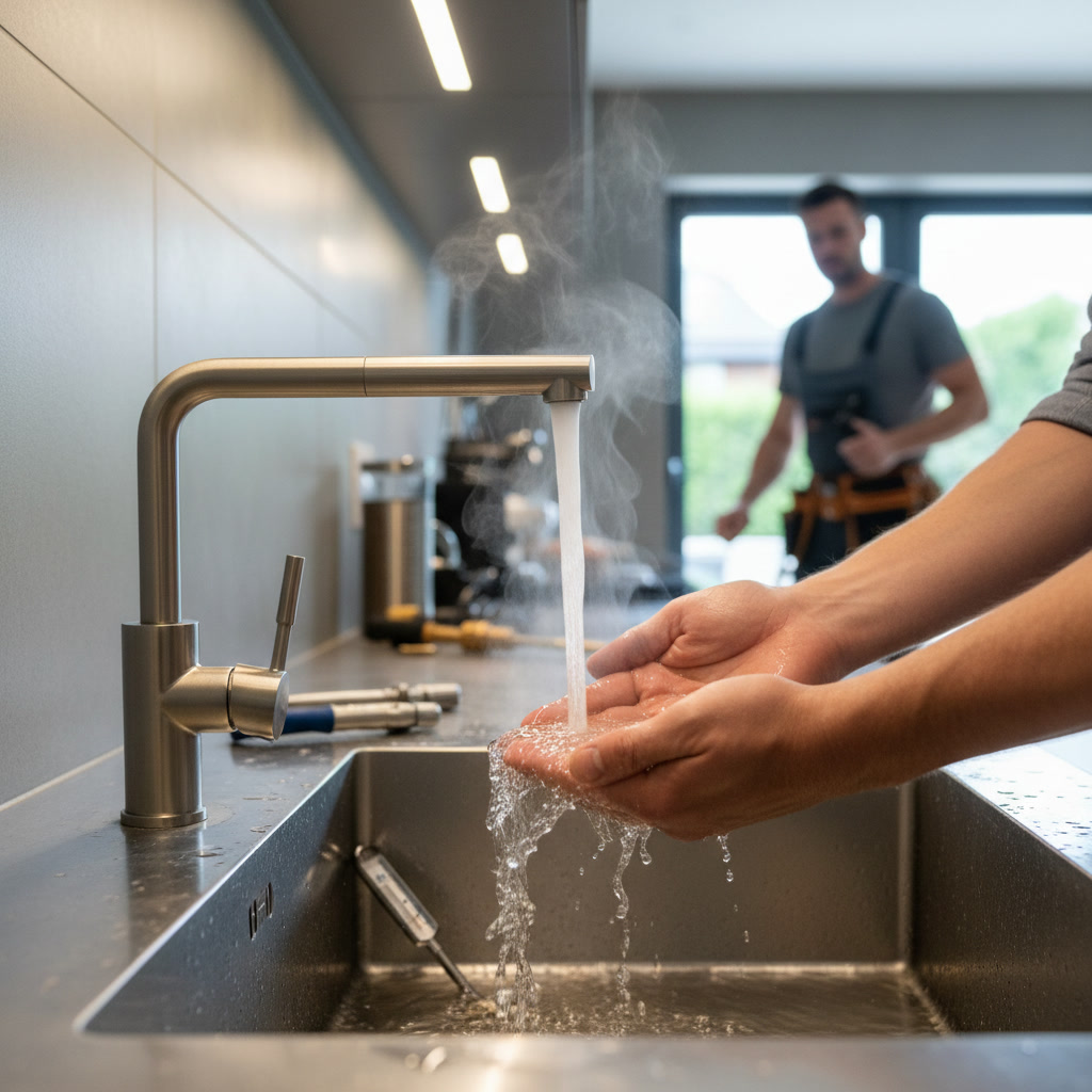 Plumber testing newly installed faucet for leaks and proper water flow