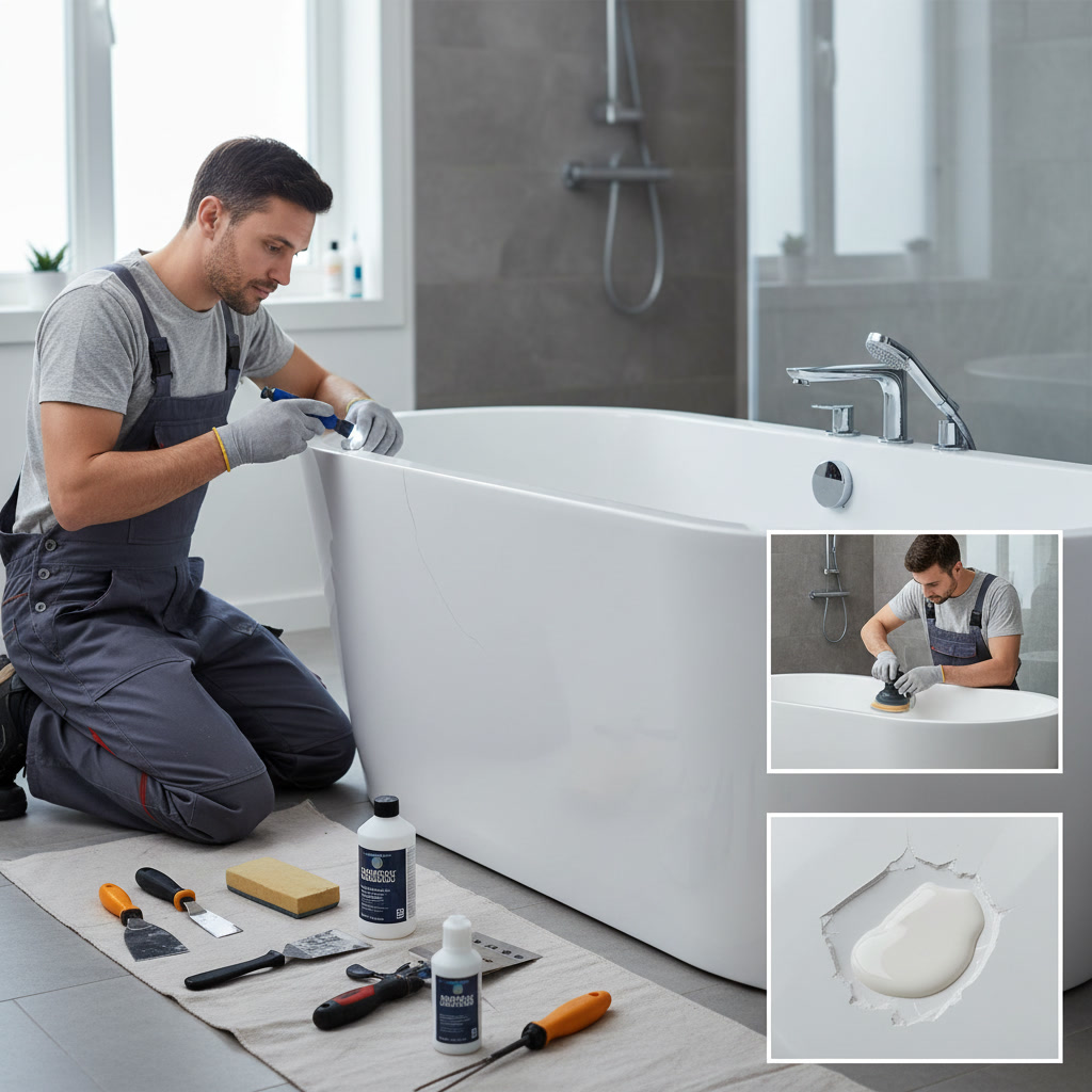 Professional plumber inspecting bathtub damage during repair assessment