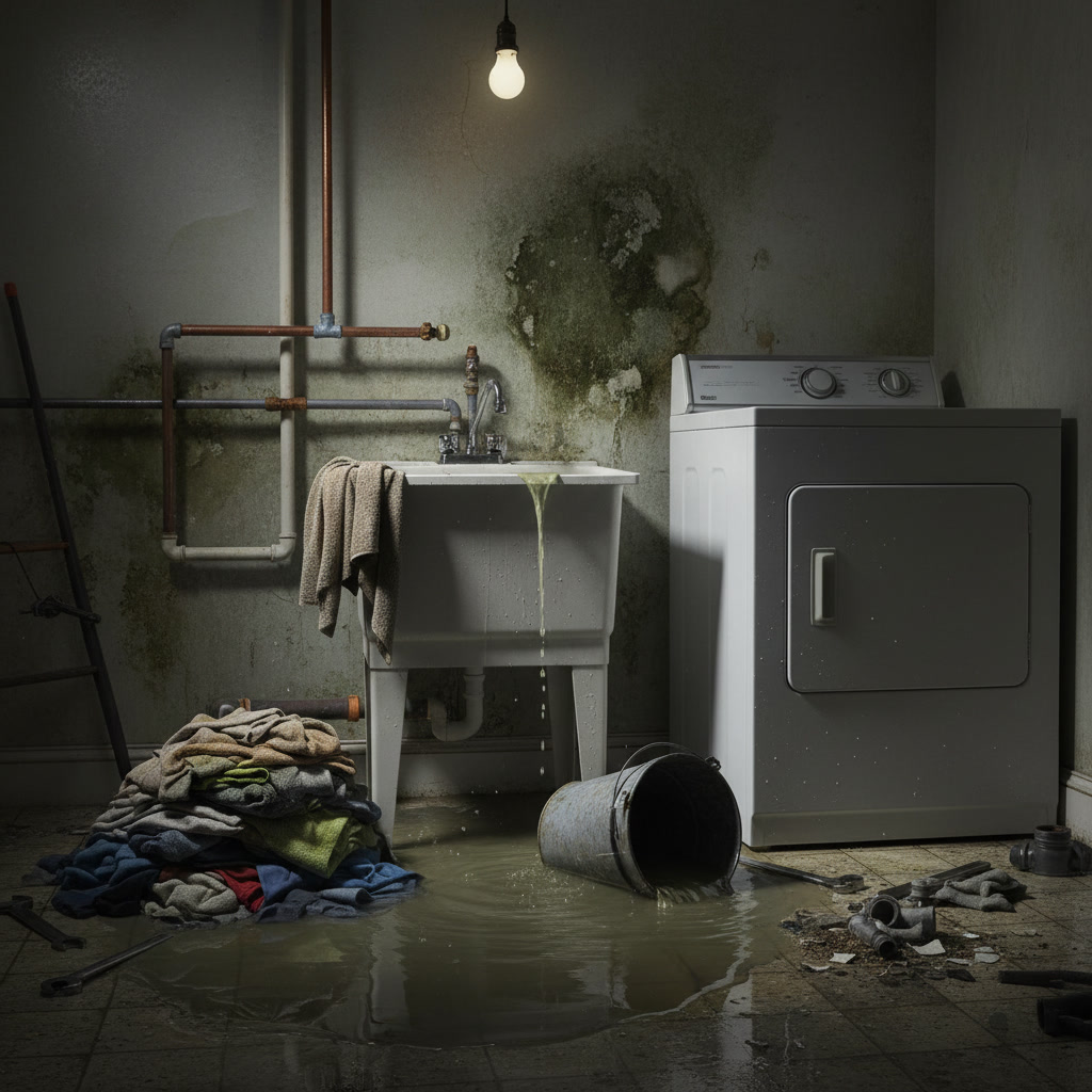 Professional plumber inspecting laundry room plumbing connections and washing machine hookups