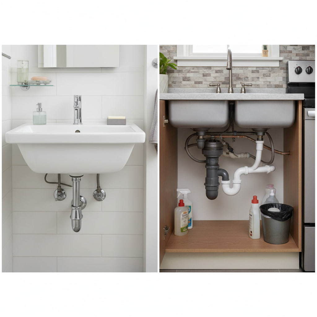 Kitchen sink plumbing showing complex drain configuration with disposal and dishwasher connections