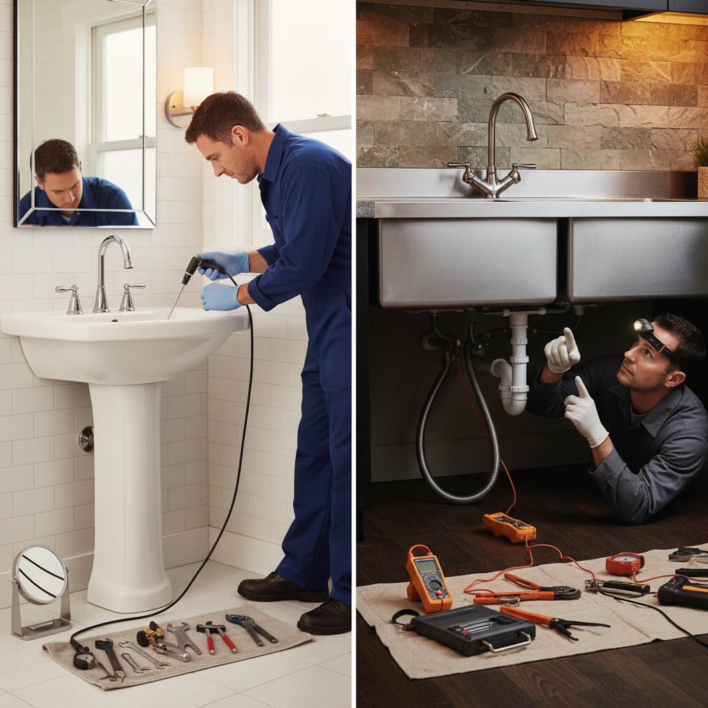 Plumber inspecting kitchen sink drain system underneath cabinet