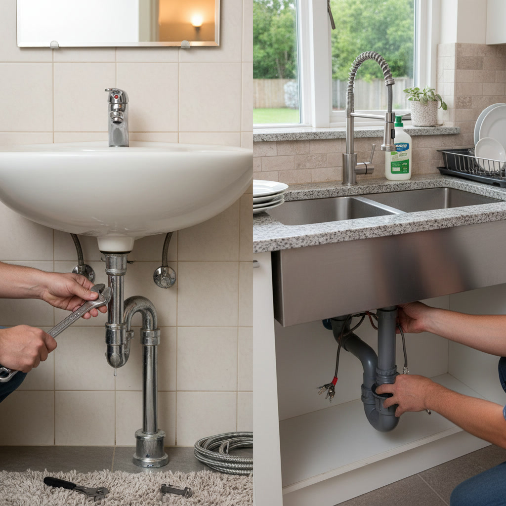 Professional plumber comparing bathroom and kitchen sink repair techniques