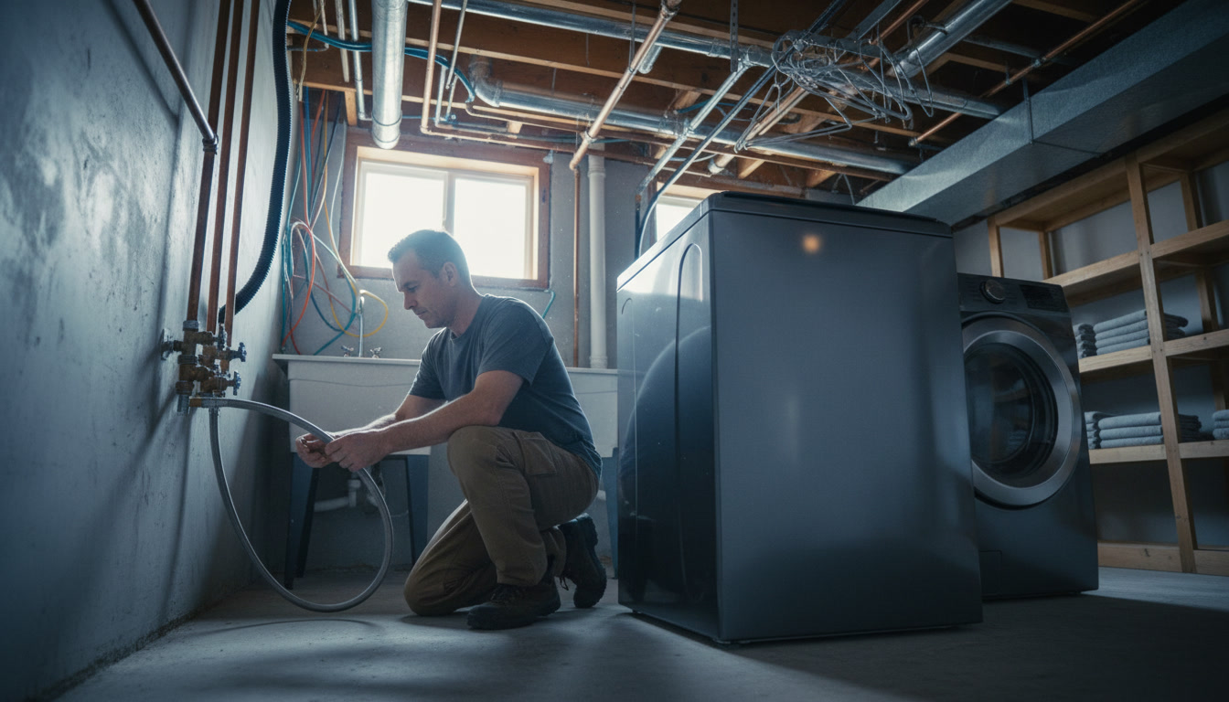 Modern laundry room with prepared plumbing lines ready for high-efficiency washer installation